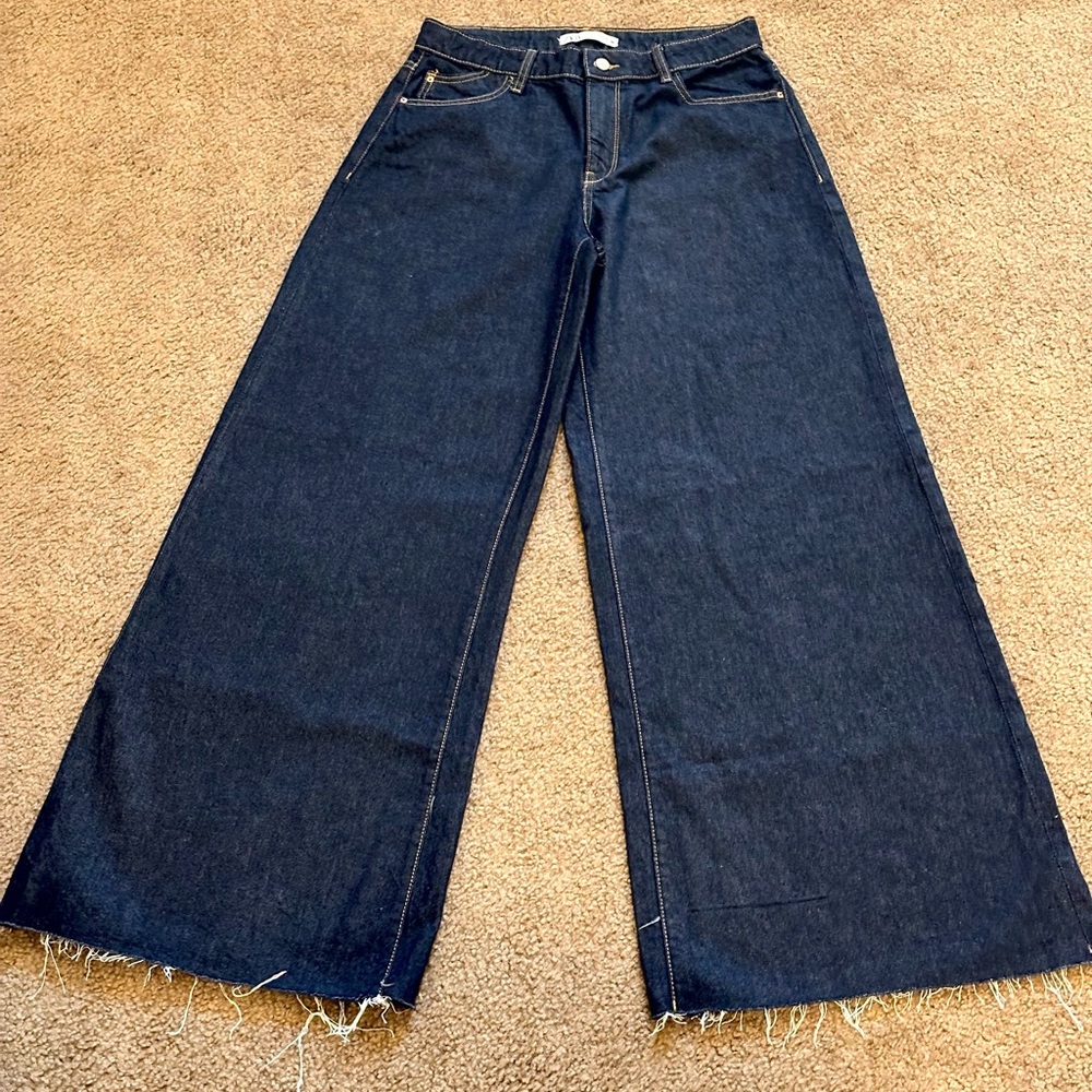 Zara Women’s Pallazo Dark Indigo Straight Jeans w/ Frayed Hem | Size US 8 ,EU 40